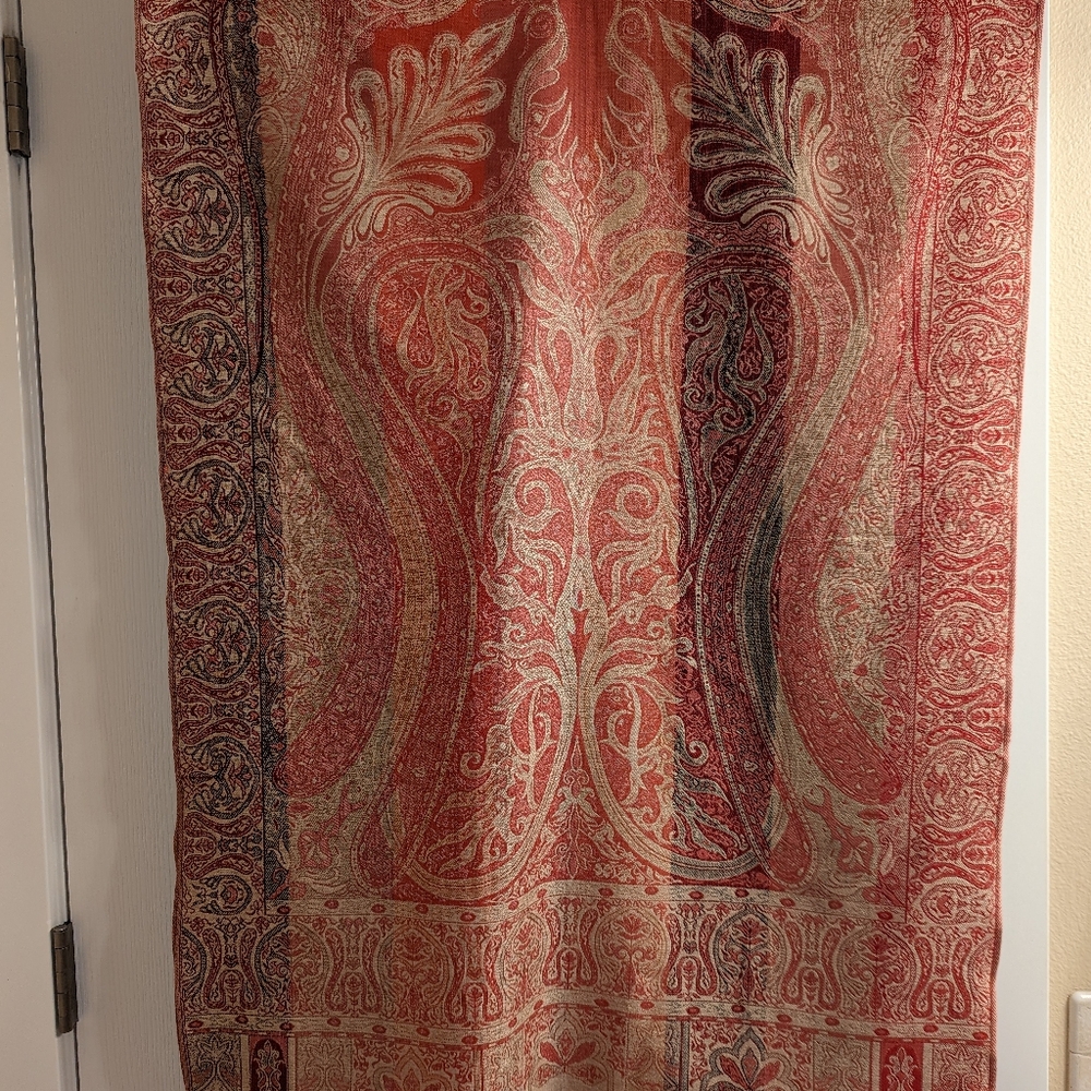 "Pashmina" Wrap - Red, Gold & Black Pattern w/border. Fringe edges. One size - Picture 2 of 11